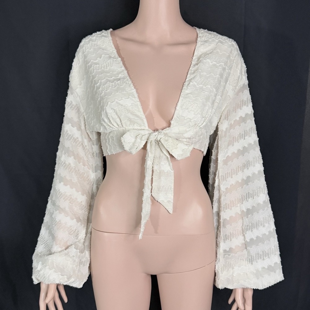 Ivory Textured Tie-Front Crop Top V-Neck Long Bell Sleeves Semi-Sheer Sz Xs(2)